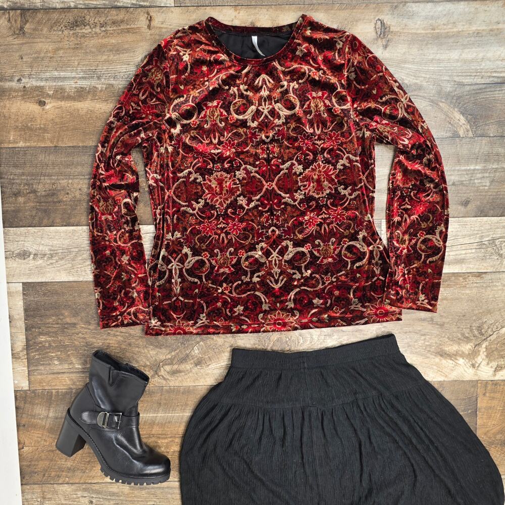 Vintage 90s Red Velvet Baroque Whimsigoth Top  Jewel Tone XL Witchy